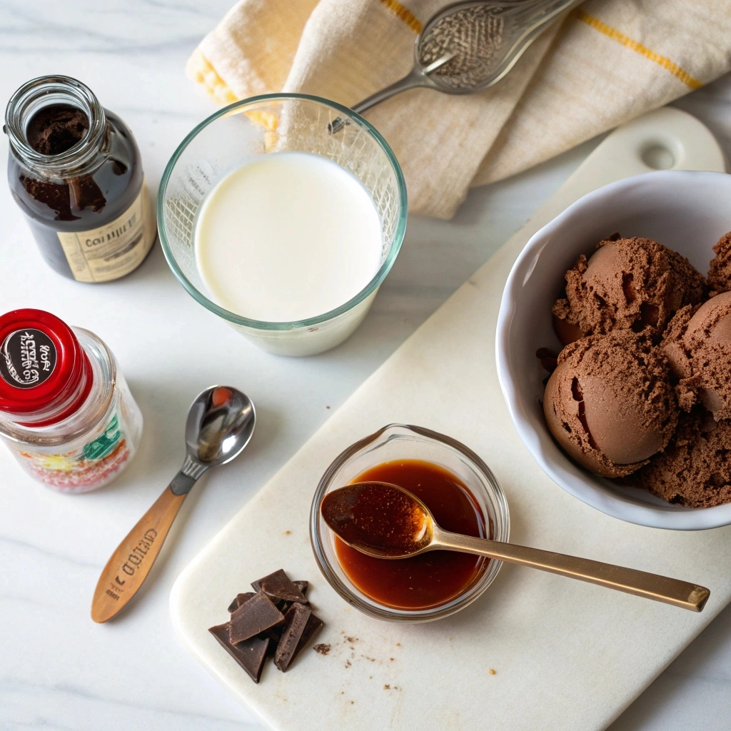 Chocolate Milkshake Recipe with Ice Cream 7 flat lay of ingredients for chocolate milkshake