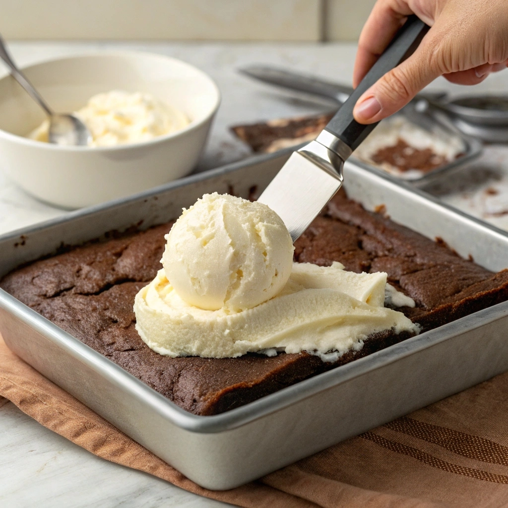 Chocolate Brownie Ice Cream Cake Recipe That Melts Hearts 10 Spreading ice cream on brownie base