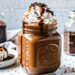Chocolate Milkshake Recipe Without Ice Cream That’s Still Creamy and Delicious 7 Thick chocolate milkshake topped with whipped cream, chocolate drizzle, and crushed cookies in a mason jar