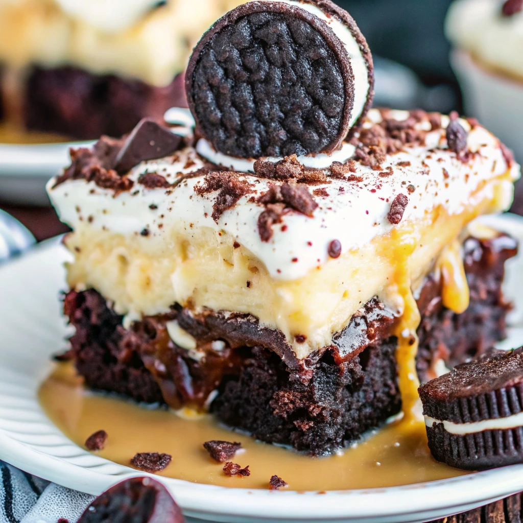 Chocolate Brownie Ice Cream Cake Recipe That Melts Hearts 2 Slice of Oreo caramel dessert with brownie base, banana layer, whipped cream, and cookie garnish