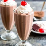 Chocolate Milkshake Recipe with Ice Cream 6 Chocolate milkshake topped with whipped cream and a cherry in a classic glass