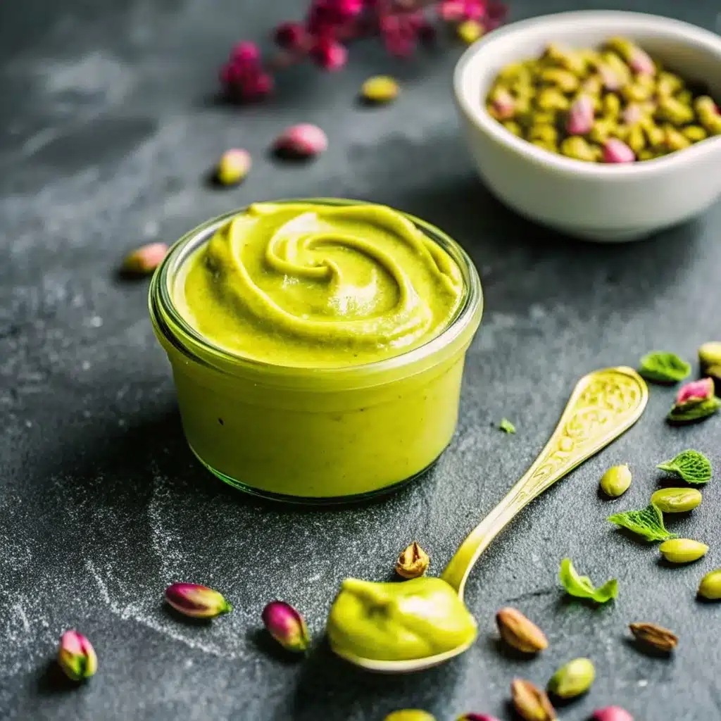 Pistachio Cream Magic: Irresistibly Smooth, Boldly Nutty Delight 5 Smooth and creamy homemade pistachio cream in a glass jar with a gold spoon and scattered pistachios on a dark background