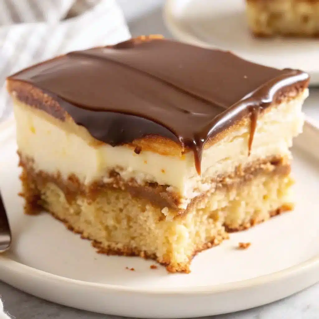 Boston Cream Poke Cake – Easy, Decadent Dessert for Any Occasion 2 Full Boston cream poke cake in a baking dish with slice removed