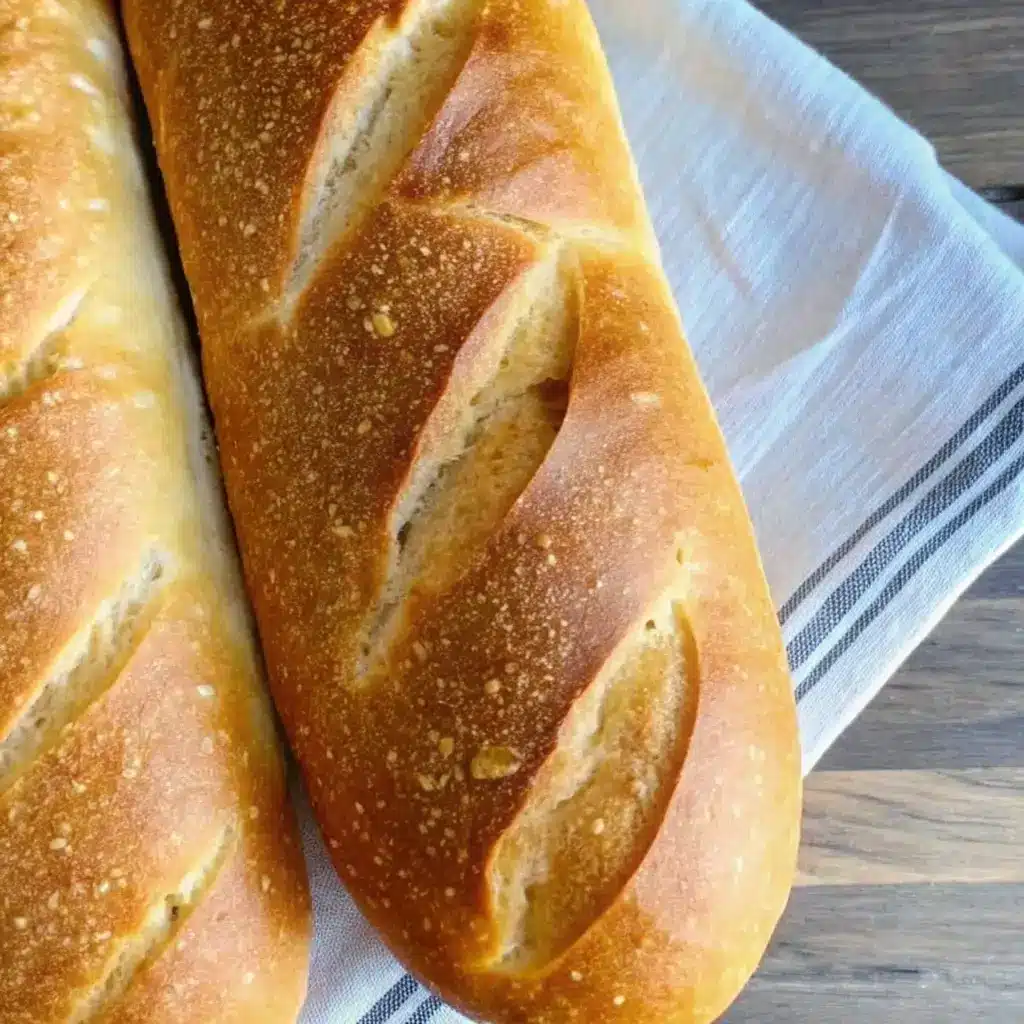 sourdough-french-bread-featured Freshly baked sourdough French bread loaf on wooden table