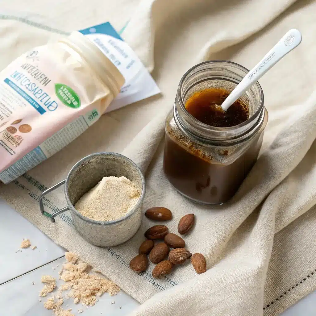 protein-coffee-ingredients Protein coffee ingredients laid out neatly