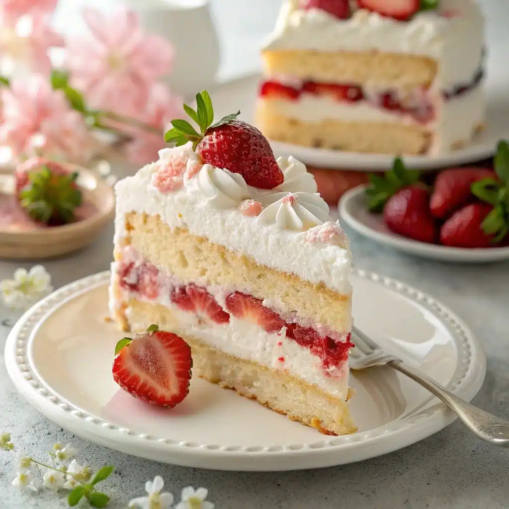 Strawberry Cream Cake That Steals the Show: Light, Creamy & Irresistible 2 A slice of strawberry cream cake with layers of sponge, whipped cream, and fresh strawberries, served on a white plate with a fork and garnished with a whole strawberry