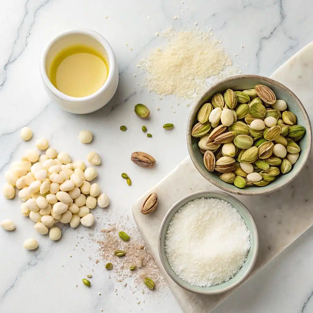 Pistachio Cream Magic: Irresistibly Smooth, Boldly Nutty Delight 7 pistachio cream ingredients on countertop