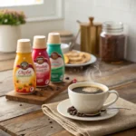 Best Coffee Creamer Flavors for Every Taste: From Classic to Creative 6 A cozy kitchen scene with three flavored coffee creamers and a steaming cup of black coffee on a rustic wooden table