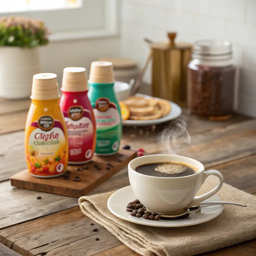 Best Coffee Creamer Flavors for Every Taste: From Classic to Creative 2 A cozy kitchen scene with three flavored coffee creamers and a steaming cup of black coffee on a rustic wooden table