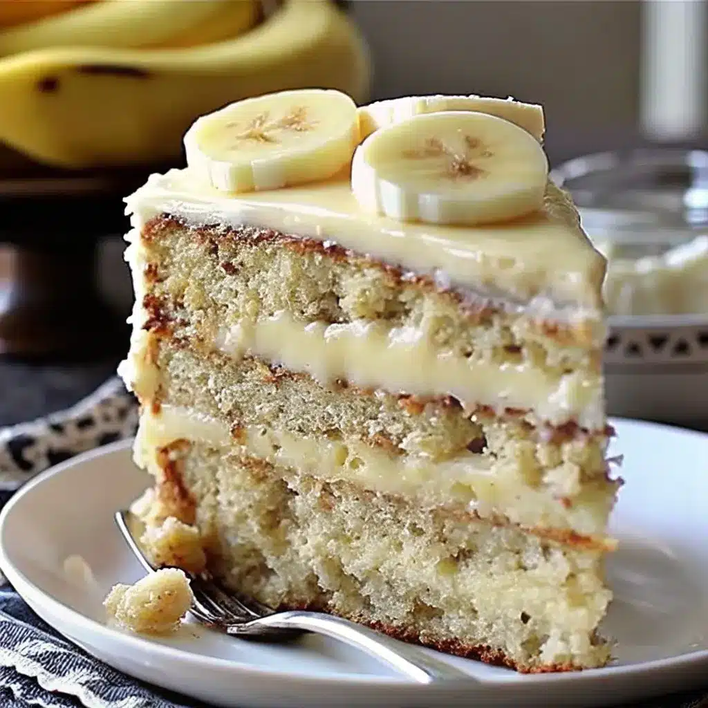 Banana Cream Cake – A Dreamy, Classic Dessert You’ll Crave 5 A close-up of a moist banana cream cake slice layered with rich custard and topped with fresh banana slices
