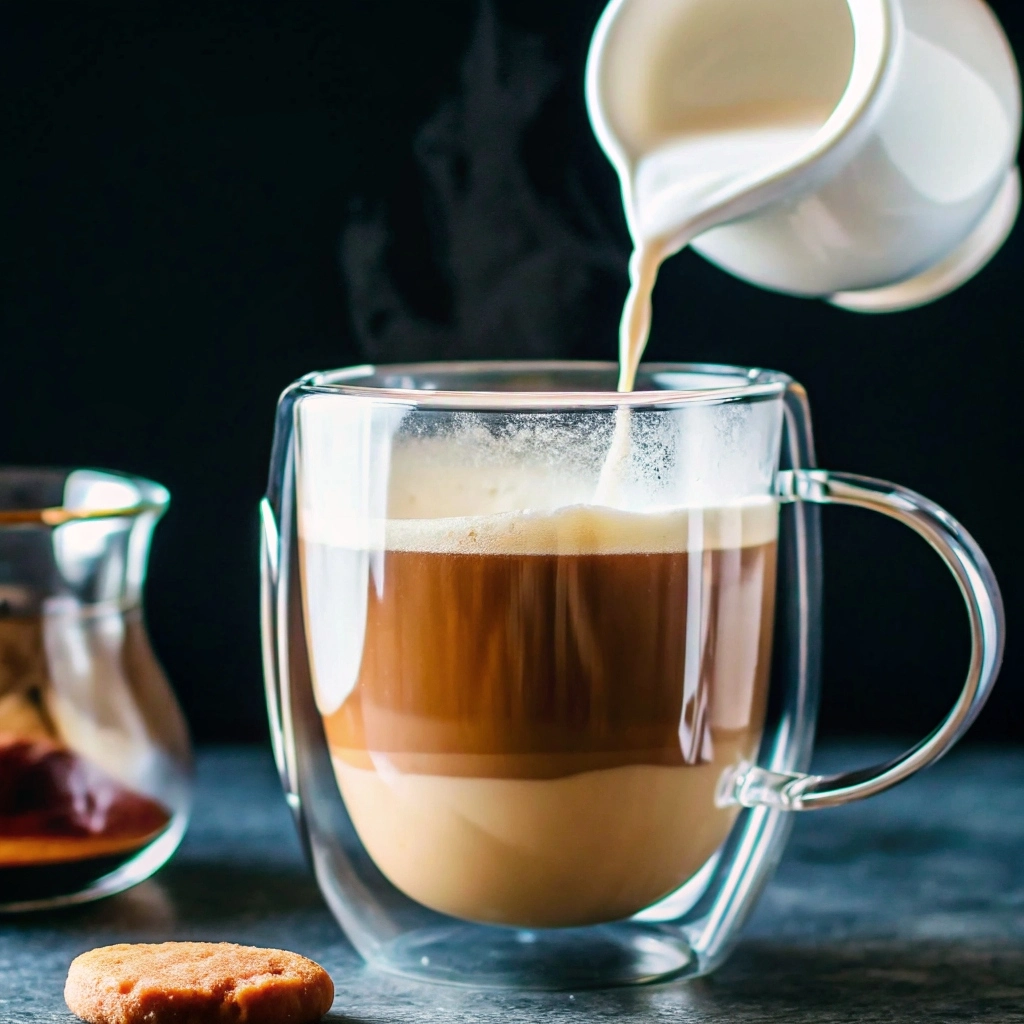 Best Coffee Creamer Flavors for Every Taste: From Classic to Creative 5 Pouring creamy coffee creamer into a steaming cup of hot coffee in a clear double-walled glass mug