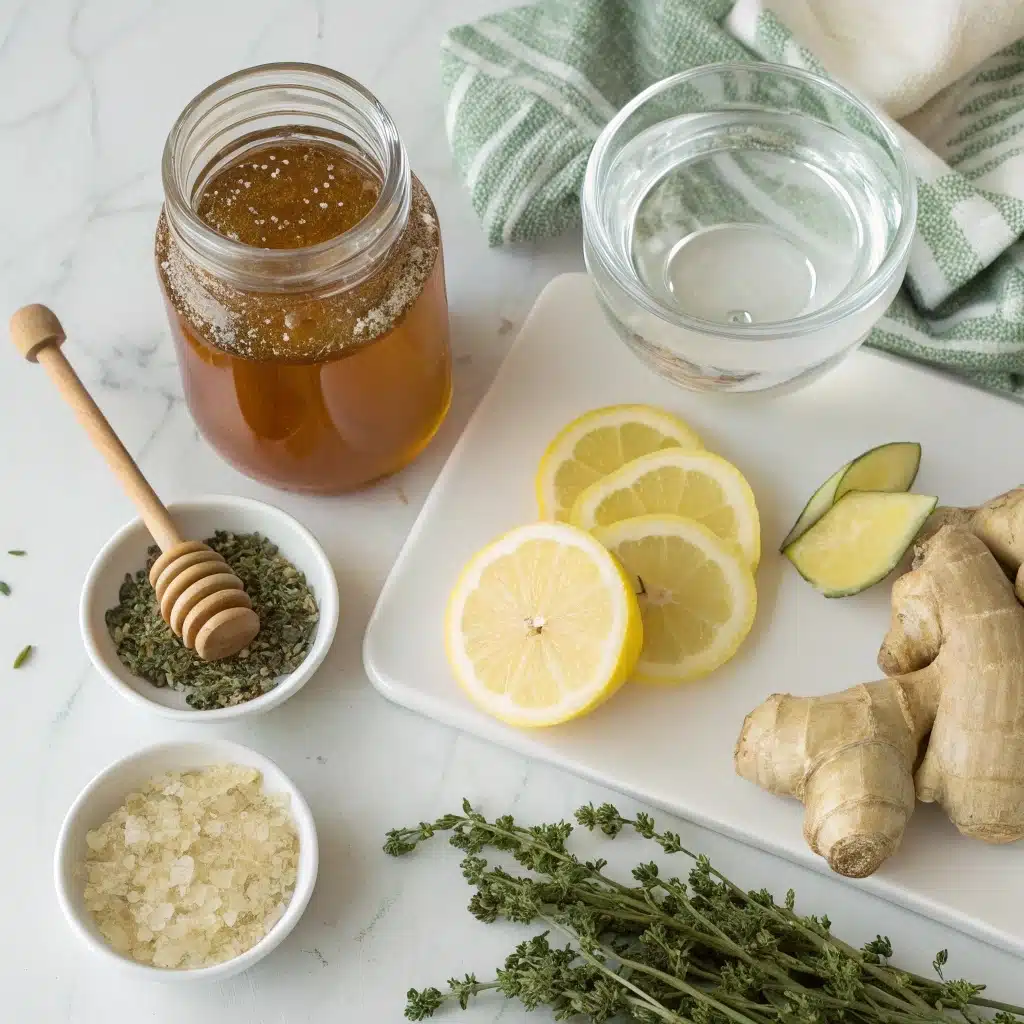 Recipe for Natural Mounjaro: A Powerful, Refreshing Wellness Drink 3 flat lay of 4 ingredients raw honey sliced ginge