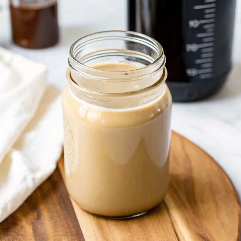 Healthy Coffee Creamer Recipes You’ll Actually Crave 5 Homemade healthy coffee creamer in a mason jar on a wooden tray