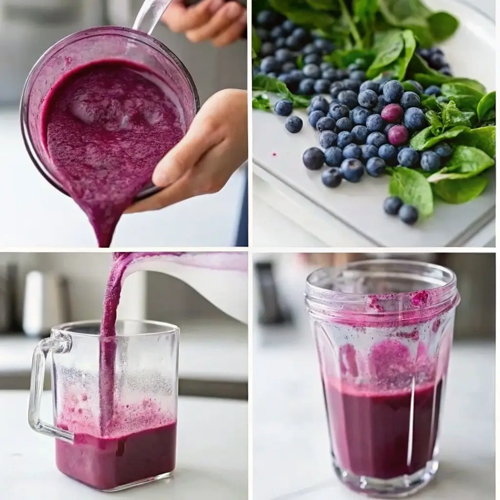 purple-peel-drink-blending-step.jpg blending ingredients for purple peel drink recipe in a kitchen blender
