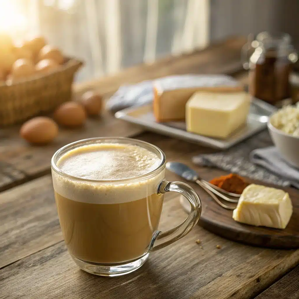 bulletproof-coffee-heavy-cream-featured.jpg bulletproof coffee with heavy cream in morning light