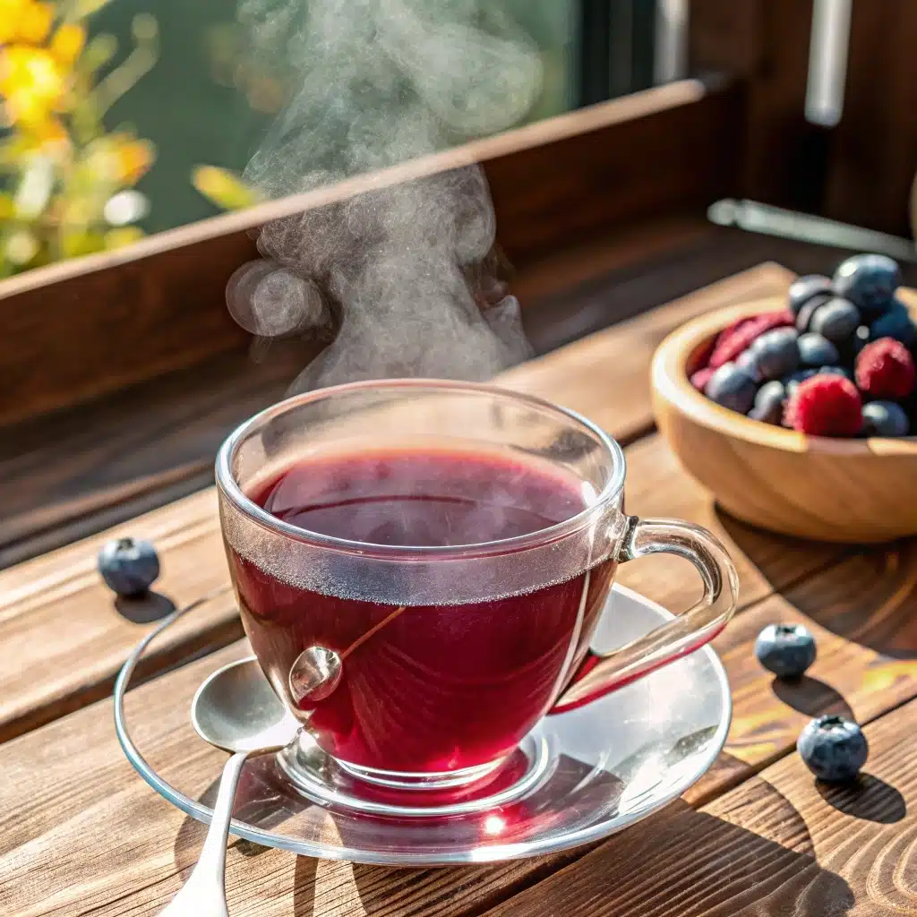 Purple Peel Tea with Fresh Fruit and Hibiscus A warm glass of purple peel tea surrounded by fresh berries, lemon peel, and hibiscus.