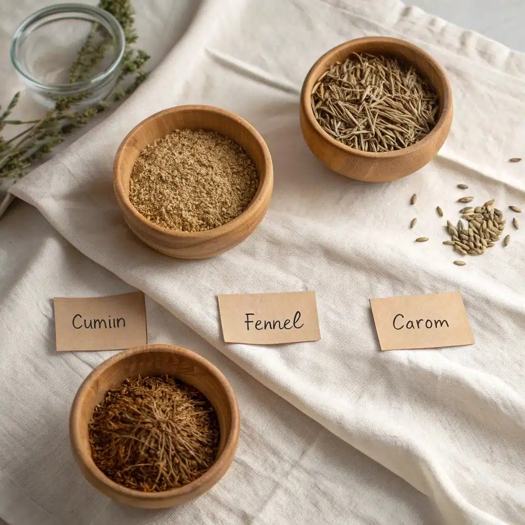 bariatric-tea-ingredients.jpg Ingredients for bariatric tea recipe: cumin, fennel, and carom seeds