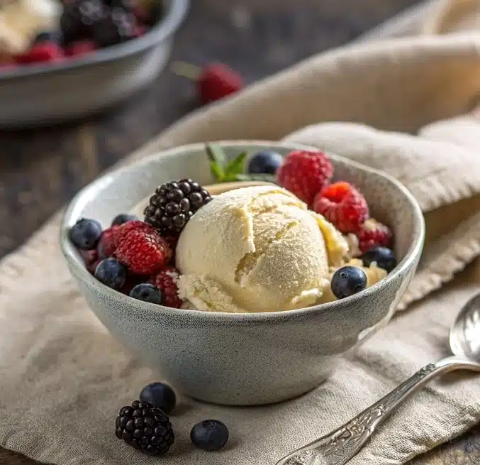 gluten-free-ice-cream-bowl-rustic.jpg Gluten free ice cream in a bowl on rustic table