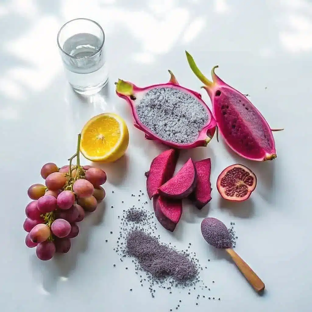 purple-peel-drink-ingredients.jpg ingredients for purple peel drink recipe including purple cabbage, lemon, and blueberries