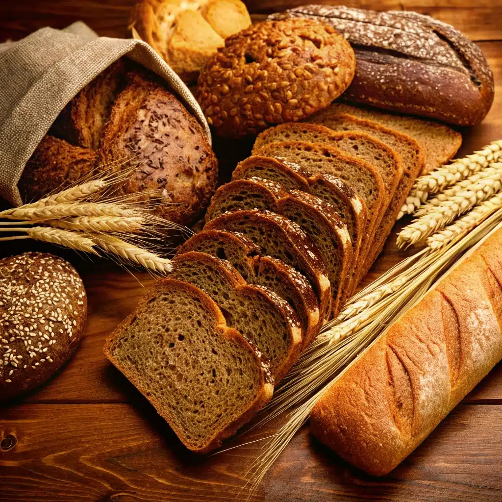 Gluten Free Bread Loaves and Artisan Rolls Assorted gluten free bread loaves, rolls, and sliced bread on a wooden table